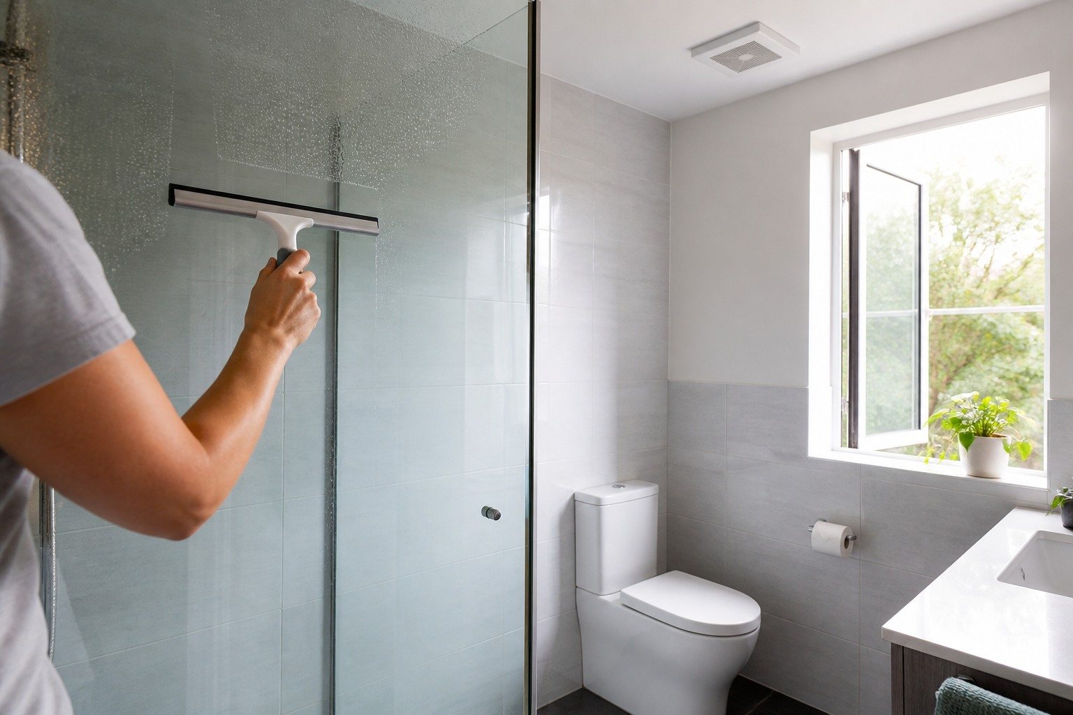 Baño ventilado después de la ducha con ventana abierta y mampara secándose