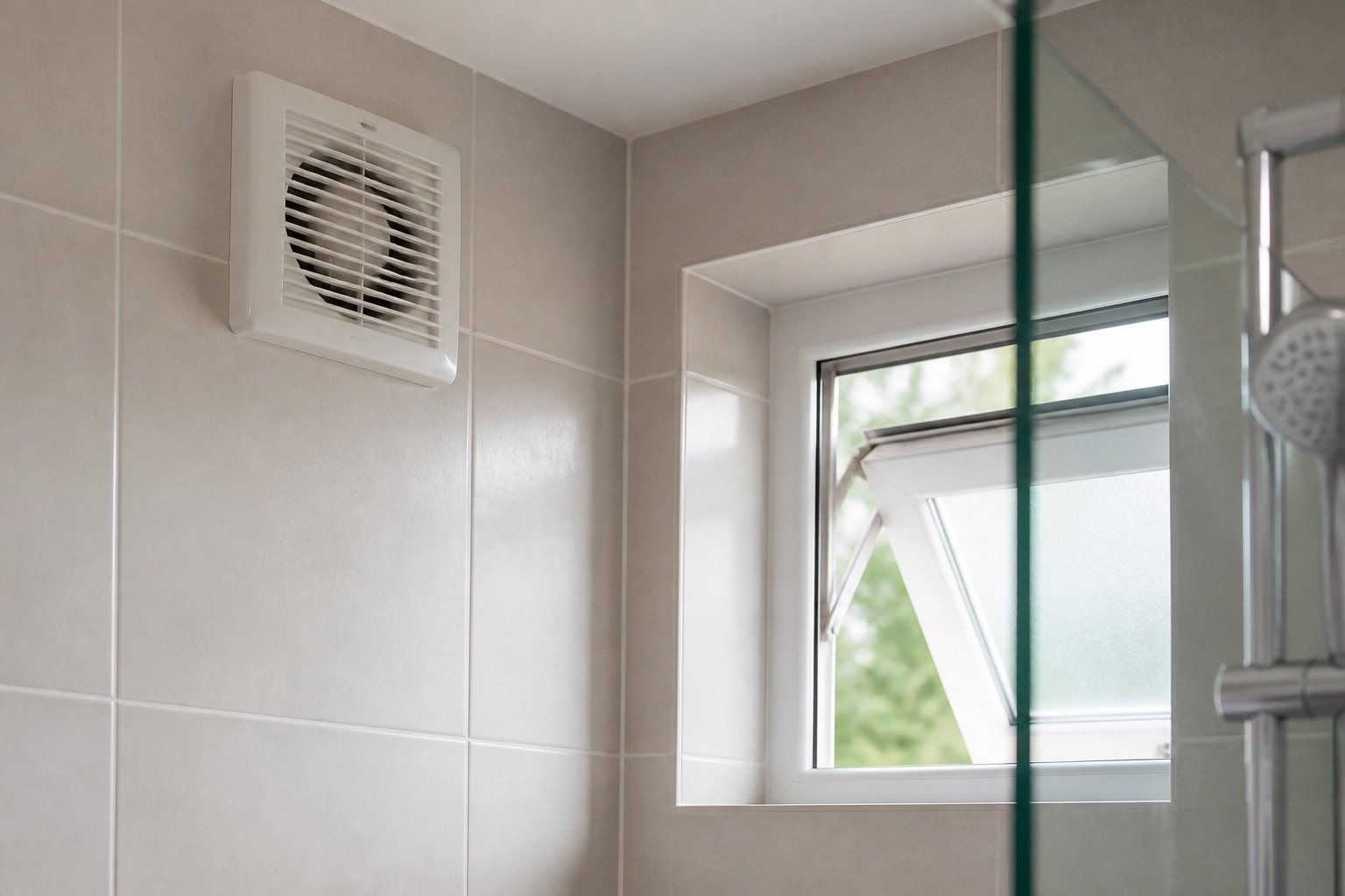 Extractor limpio, ventana entreabierta y juntas secas en la parte alta de un baño